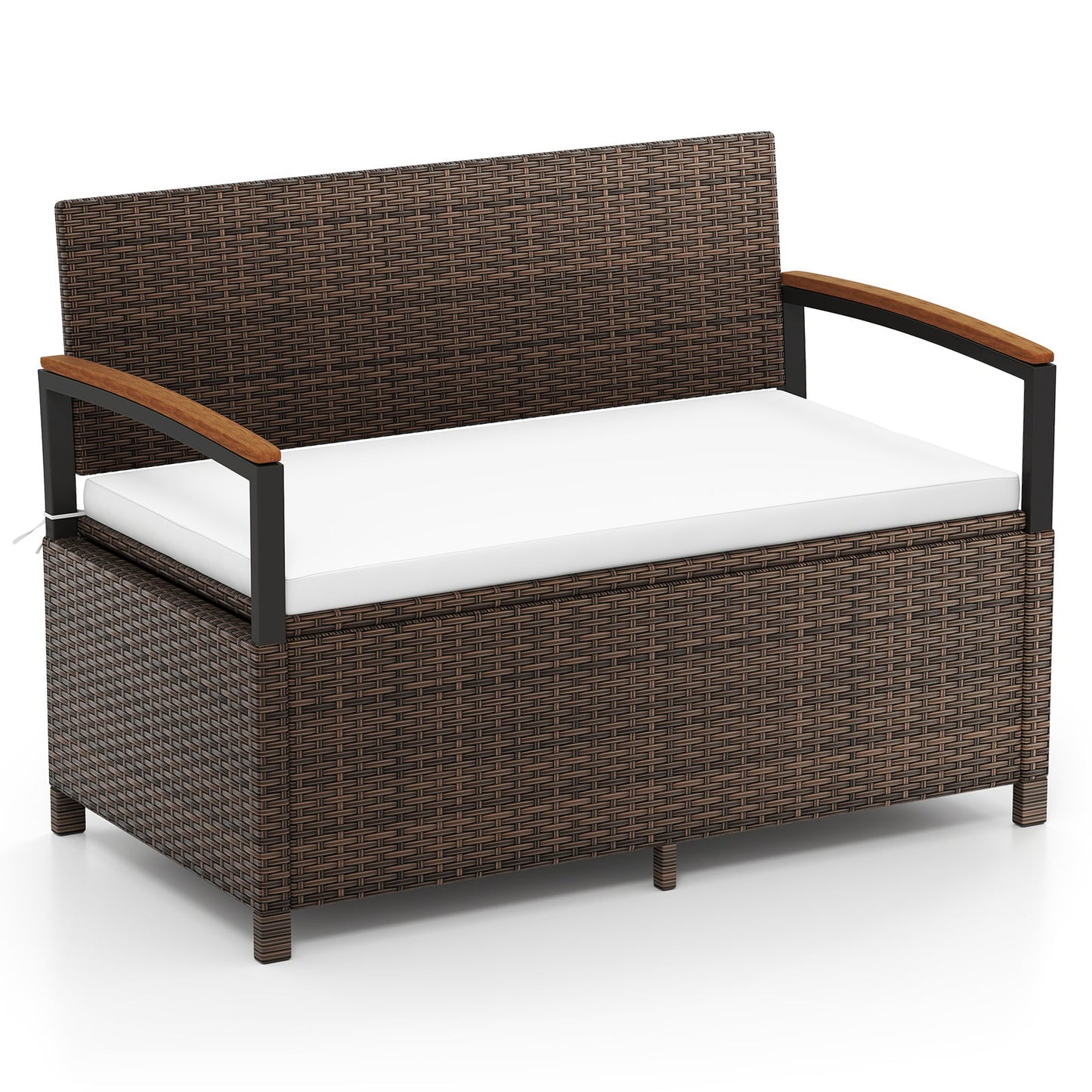 Outdoor Storage Bench with Cushion and Acacia Wood Armrests