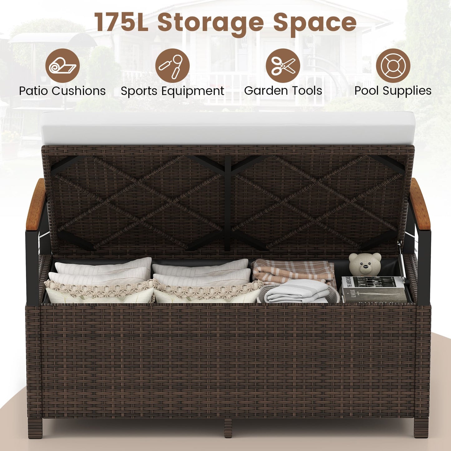 Outdoor Storage Bench with Cushion and Acacia Wood Armrests