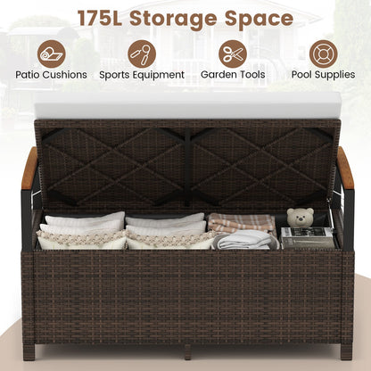 Outdoor Storage Bench with Cushion and Acacia Wood Armrests