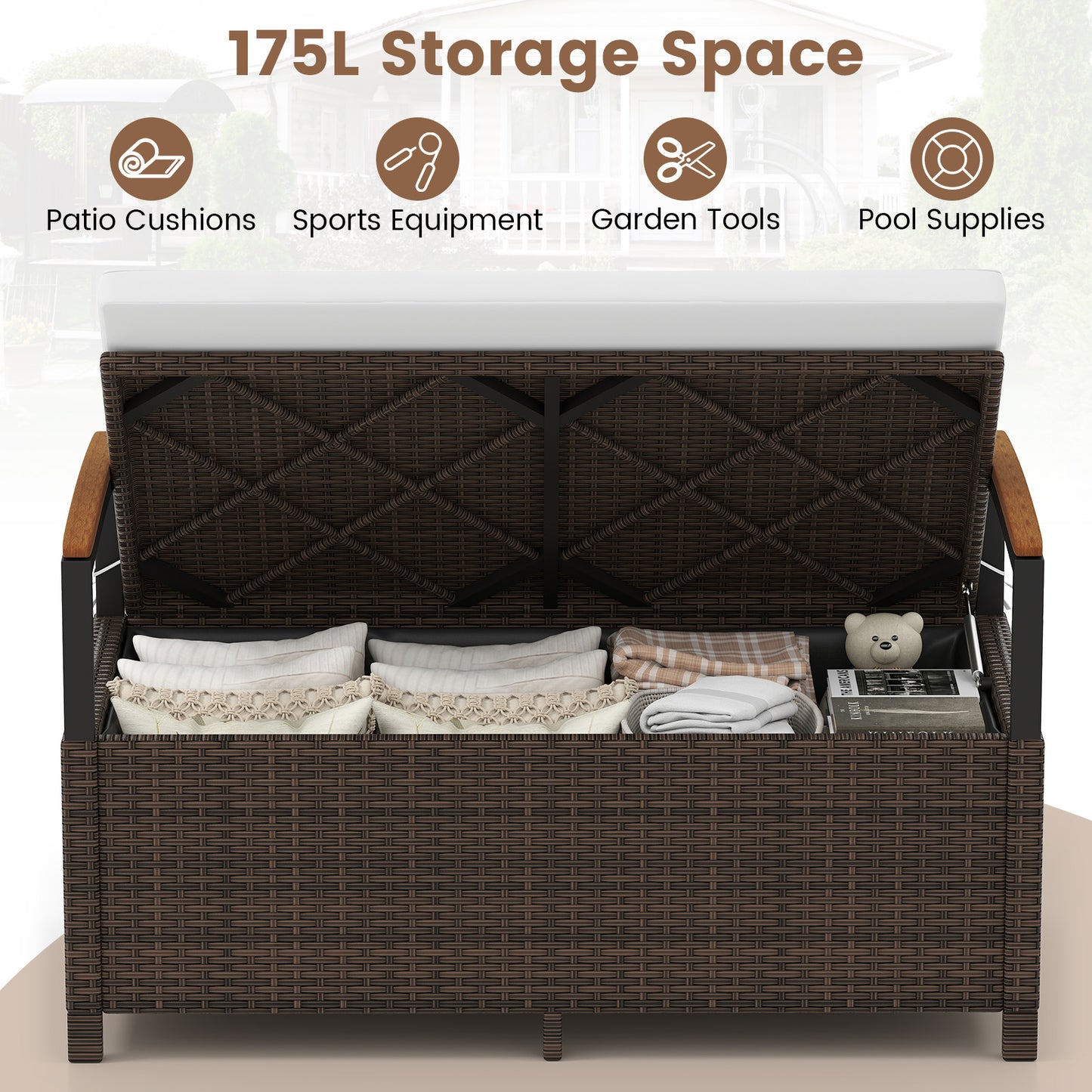Outdoor Storage Bench with Cushion and Acacia Wood Armrests