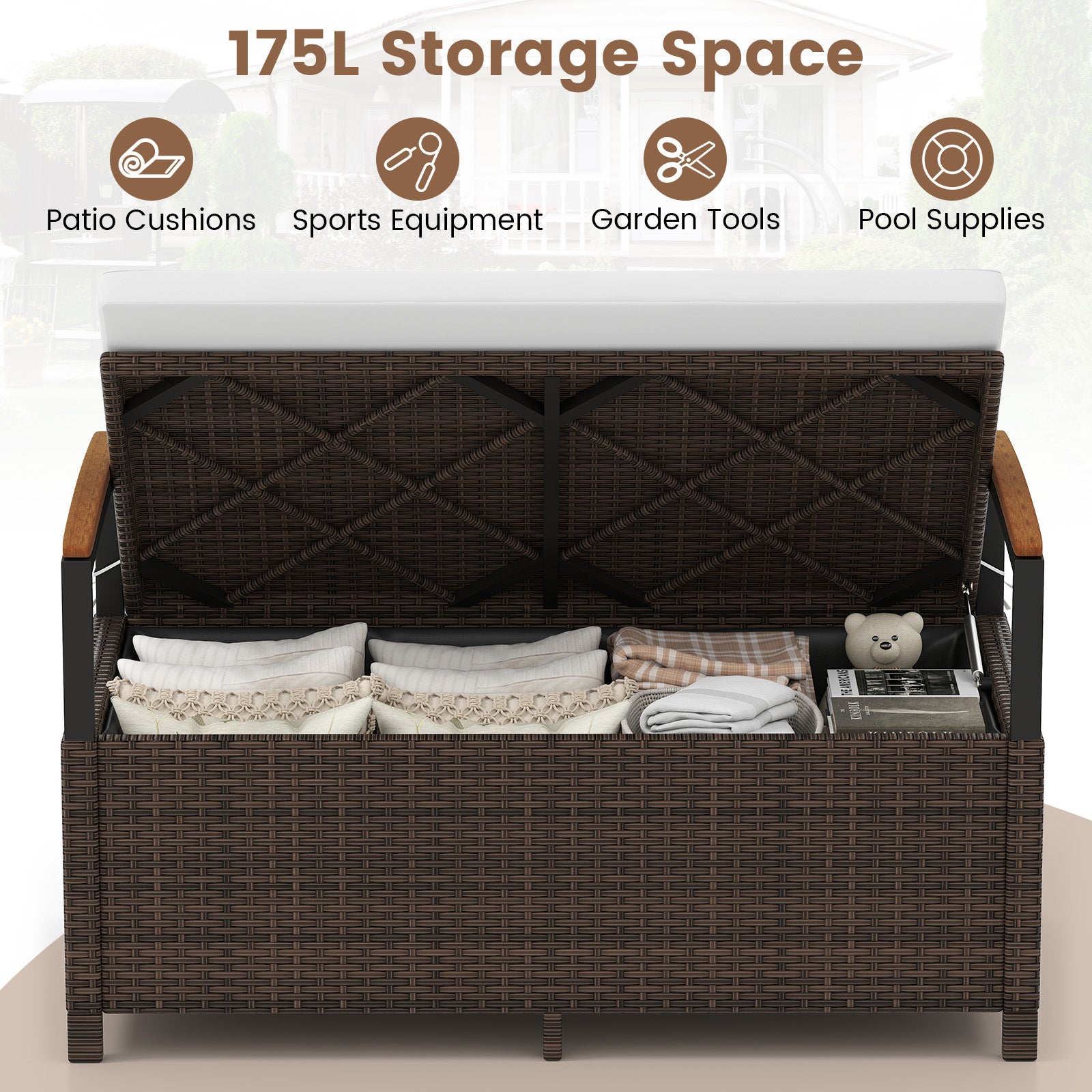 Outdoor Storage Bench with Cushion and Acacia Wood Armrests
