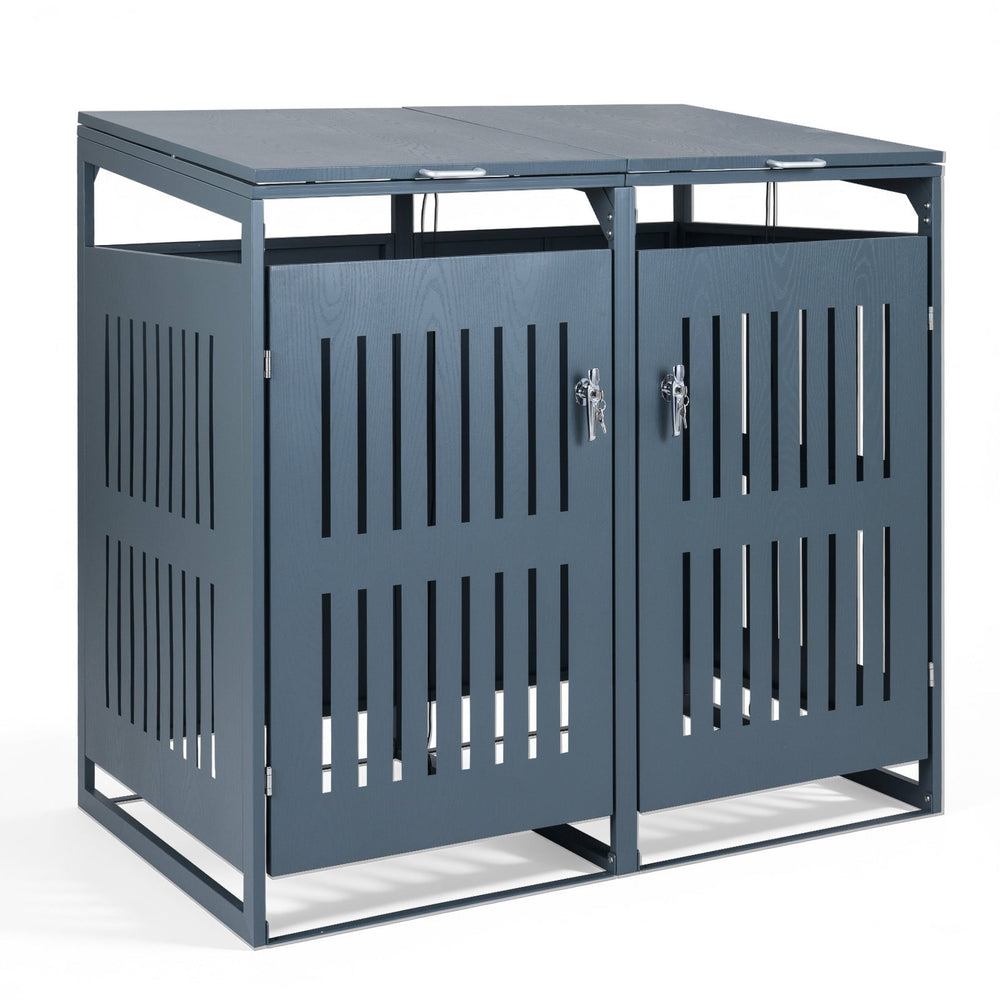 Outdoor Trash Can Storage Shed for 2 Bins with Gas Struts and Lockable Grilled Doors-Dark Grey