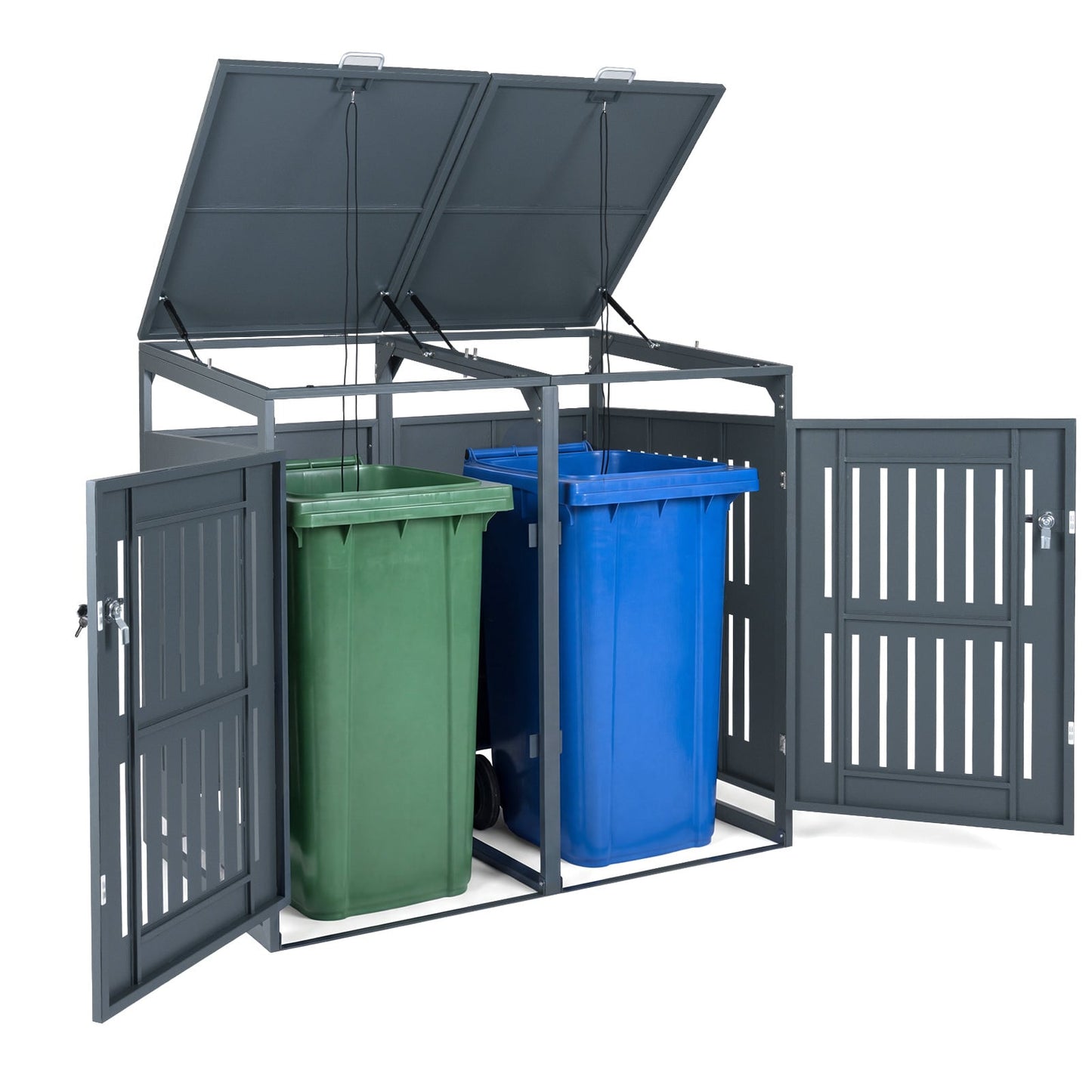 Outdoor Trash Can Storage Shed for 2 Bins with Gas Struts and Lockable Grilled Doors-Dark Grey