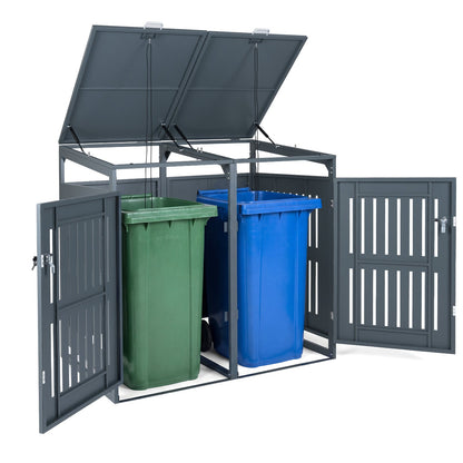 Outdoor Trash Can Storage Shed for 2 Bins with Gas Struts and Lockable Grilled Doors-Dark Grey