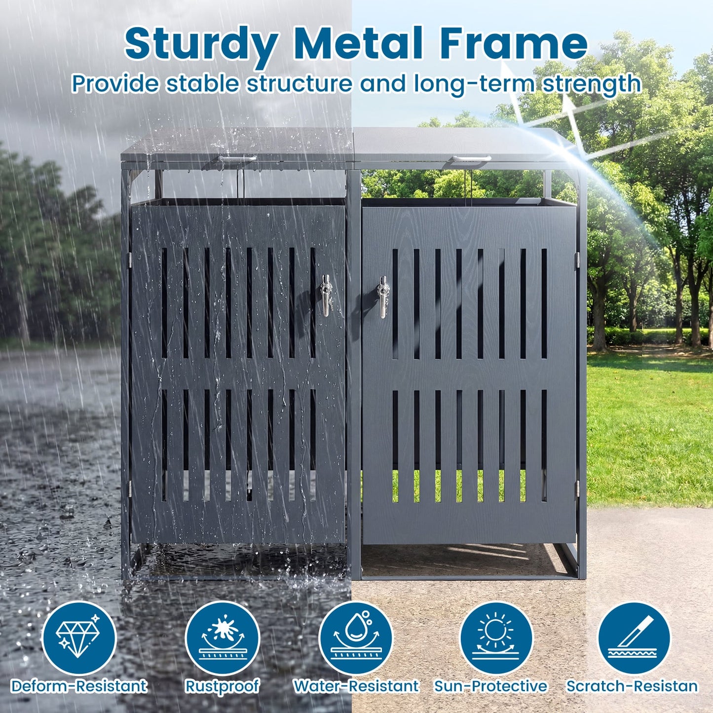Outdoor Trash Can Storage Shed for 2 Bins with Gas Struts and Lockable Grilled Doors-Dark Grey