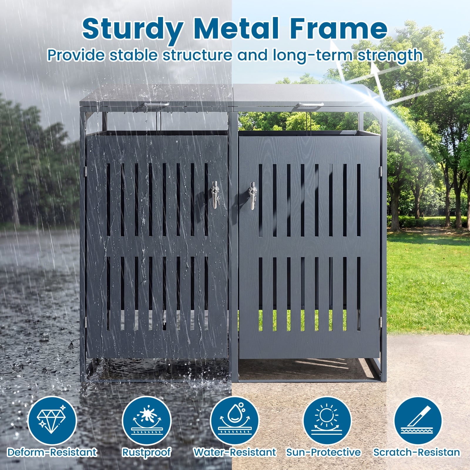 Outdoor Trash Can Storage Shed for 2 Bins with Gas Struts and Lockable Grilled Doors-Dark Grey