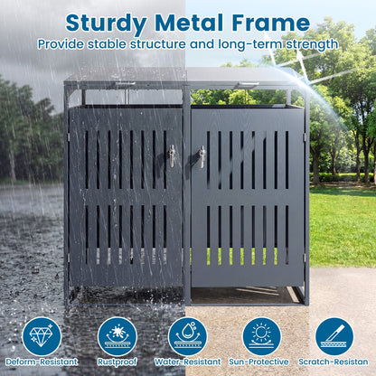 Outdoor Trash Can Storage Shed for 2 Bins with Gas Struts and Lockable Grilled Doors-Dark Grey