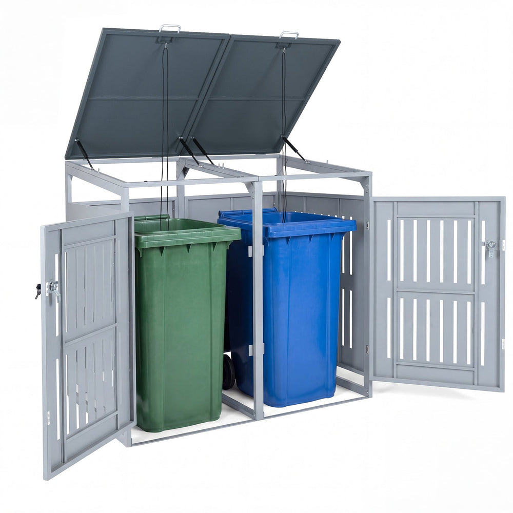 Outdoor Trash Can Storage Shed for 2 Bins with Gas Struts and Lockable Grilled Doors-Silver
