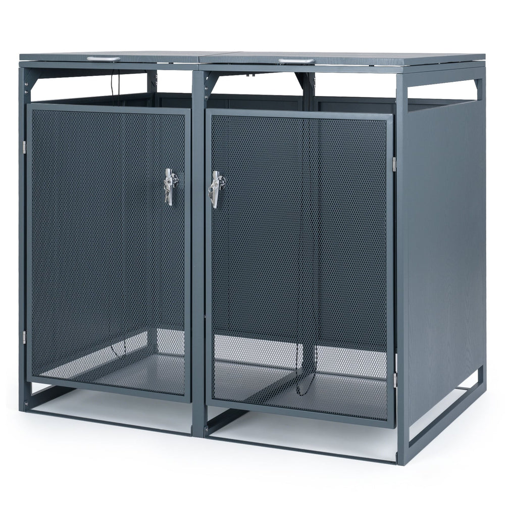 Outdoor Trash Can Storage Shed for 2 Bins with Gas Struts and Lockable Metal Mesh Doors-Grey