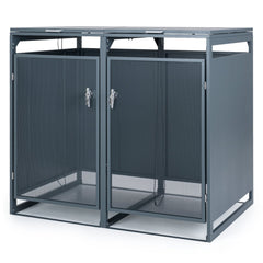 Outdoor Trash Can Storage Shed for 2 Bins with Gas Struts and Lockable Metal Mesh Doors-Grey