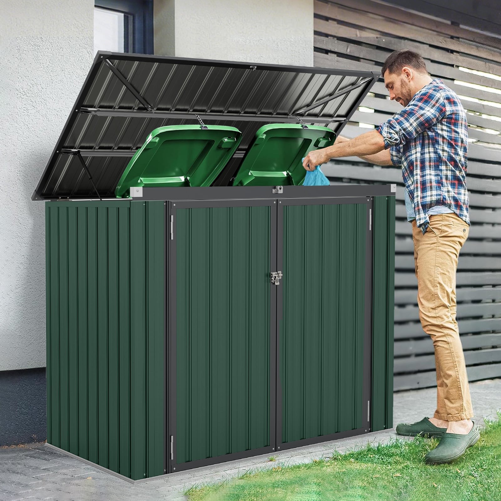 Outdoor Trash Can Storage Shed with Double Openings-Green