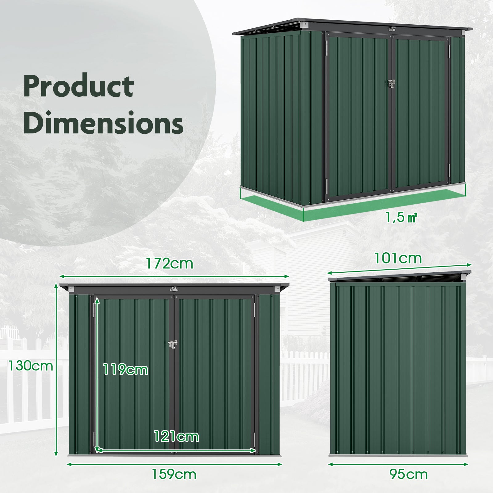 Outdoor Trash Can Storage Shed with Double Openings-Green