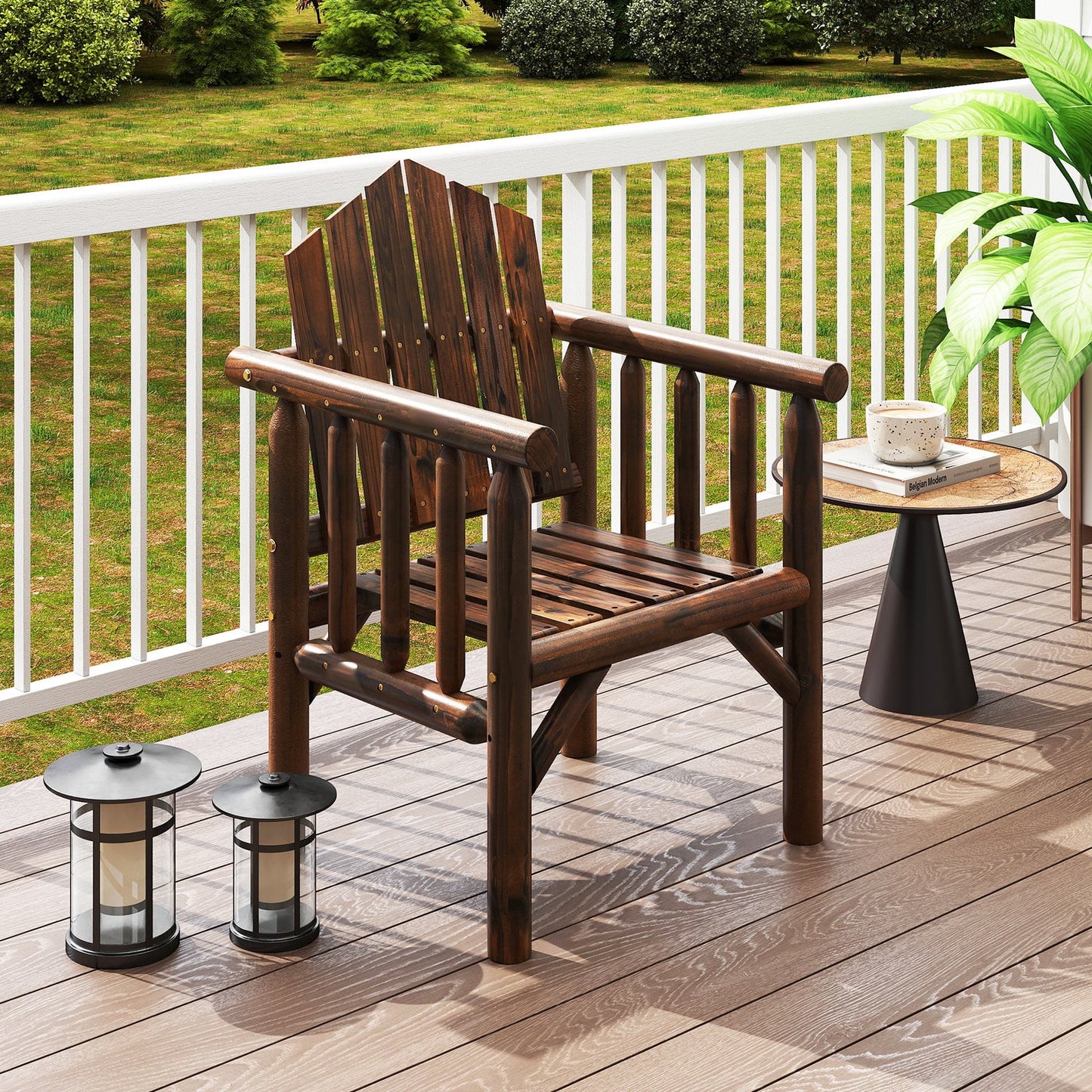 Outdoor Wood Armchair Dining Chair with Armrests and Reclined High Backrest-Brown