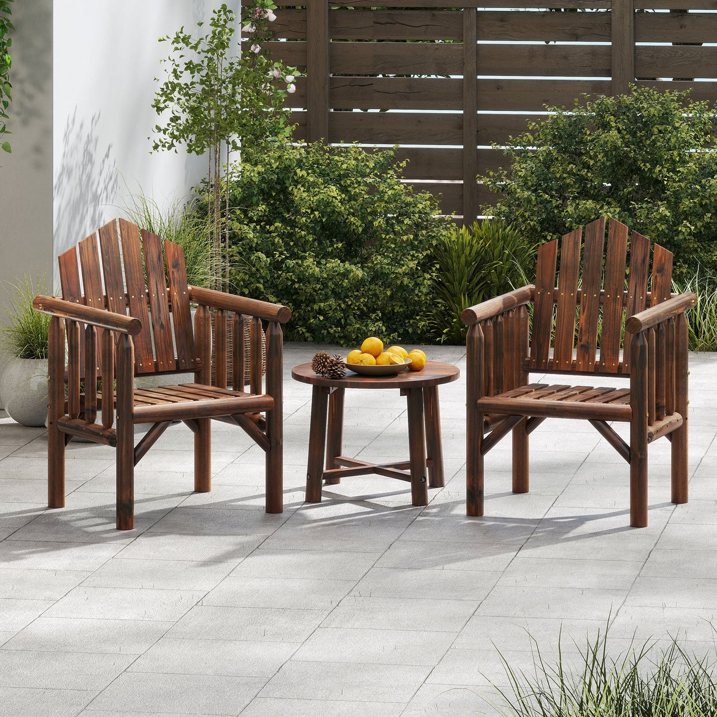 Outdoor Wood Armchair Dining Chair with Armrests and Reclined High Backrest-Brown