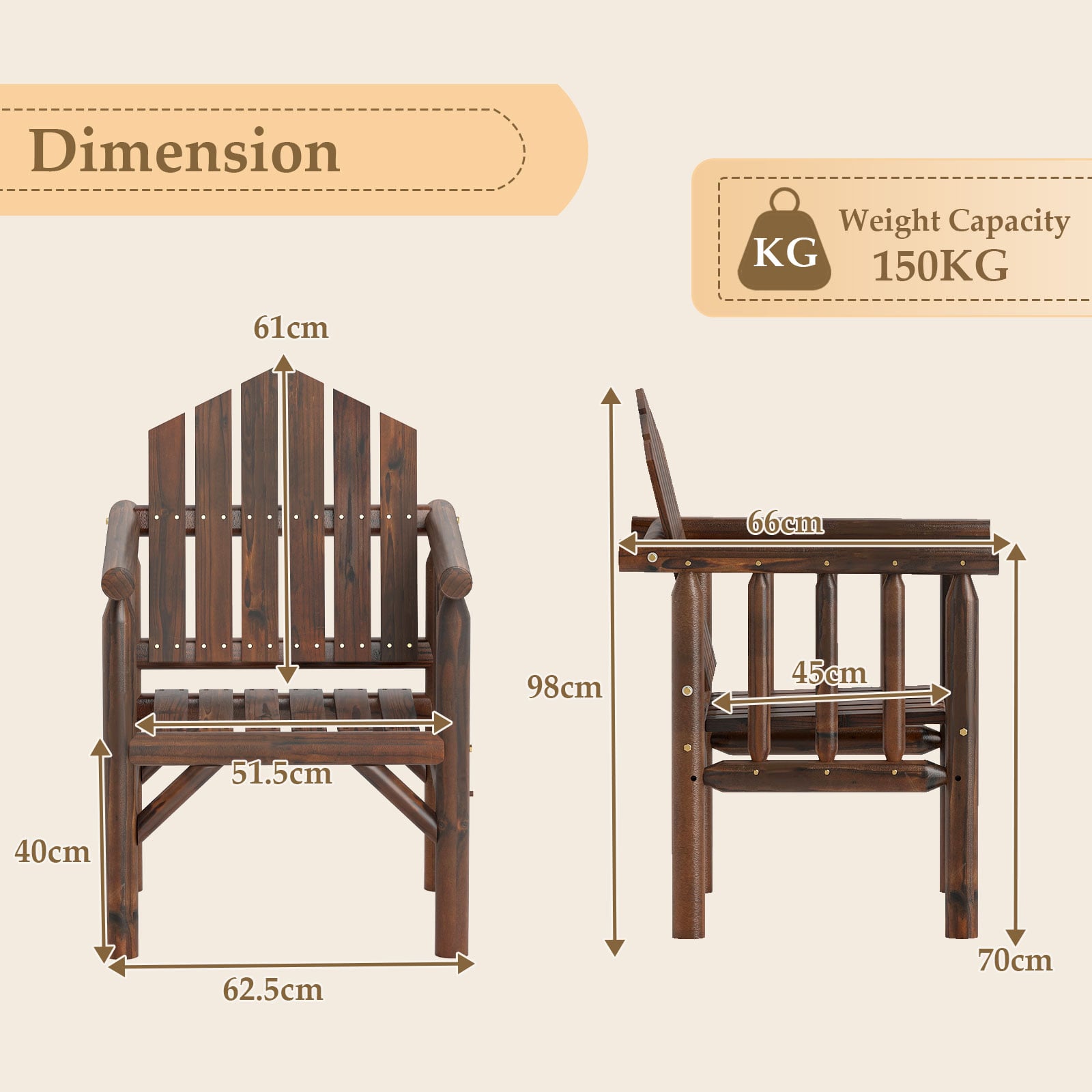 Outdoor Wood Armchair Dining Chair with Armrests and Reclined High Backrest-Brown