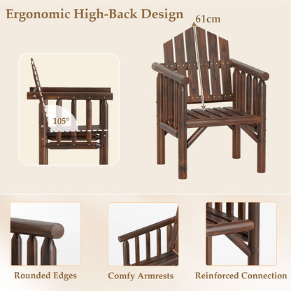 Outdoor Wood Armchair Dining Chair with Armrests and Reclined High Backrest-Brown