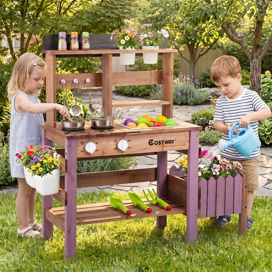 Outdoor Wooden Mud Kitchen Set with Cookware Planter Box and Gardening Accessories-Purple