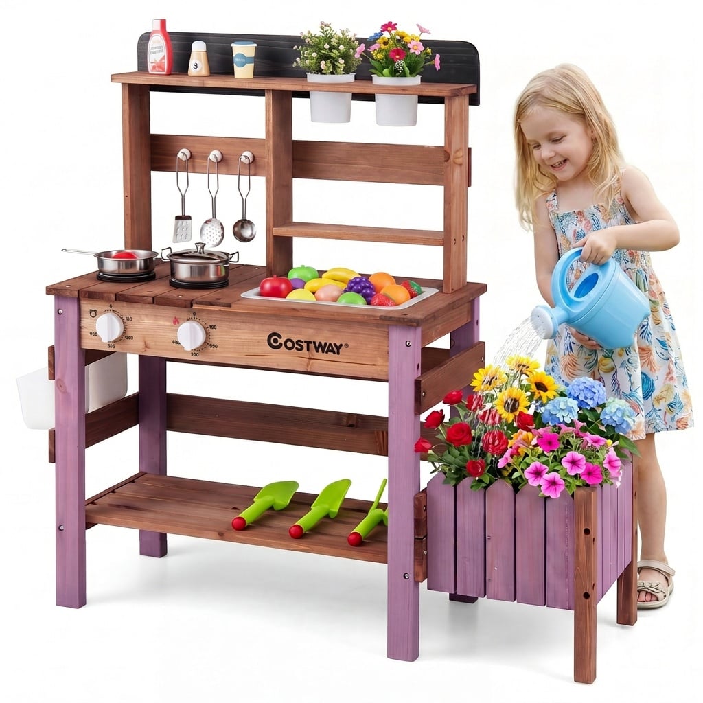 Outdoor Wooden Mud Kitchen Set with Cookware Planter Box and Gardening Accessories-Purple