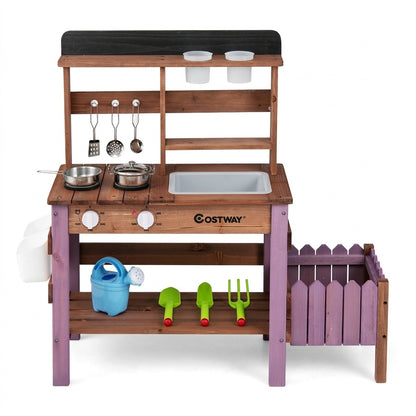 Outdoor Wooden Mud Kitchen Set with Cookware Planter Box and Gardening Accessories-Purple