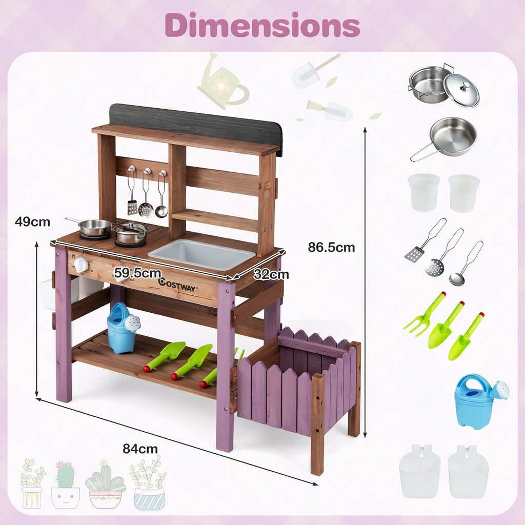Outdoor Wooden Mud Kitchen Set with Cookware Planter Box and Gardening Accessories-Purple