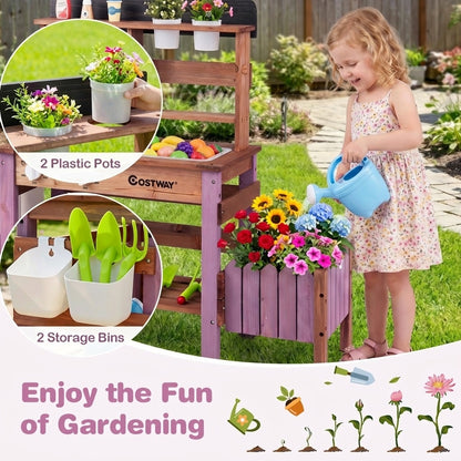 Outdoor Wooden Mud Kitchen Set with Cookware Planter Box and Gardening Accessories-Purple