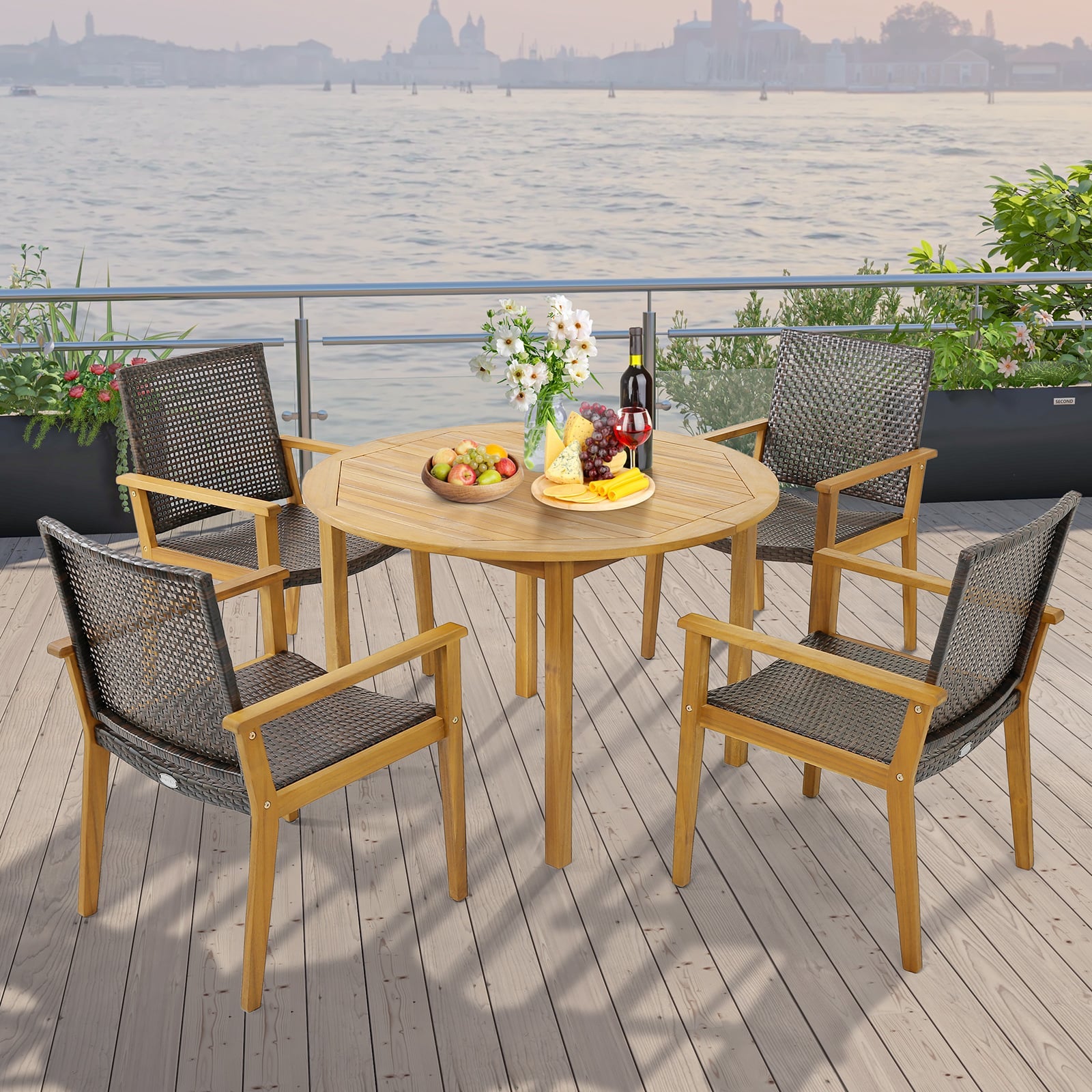 Outdoor Acacia Wood and PE Wicker Chairs with Armrests