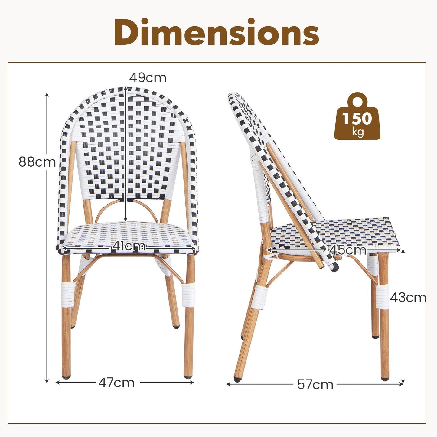 Outdoor Armless French Bistro Chair Set of 2-Black &amp; White