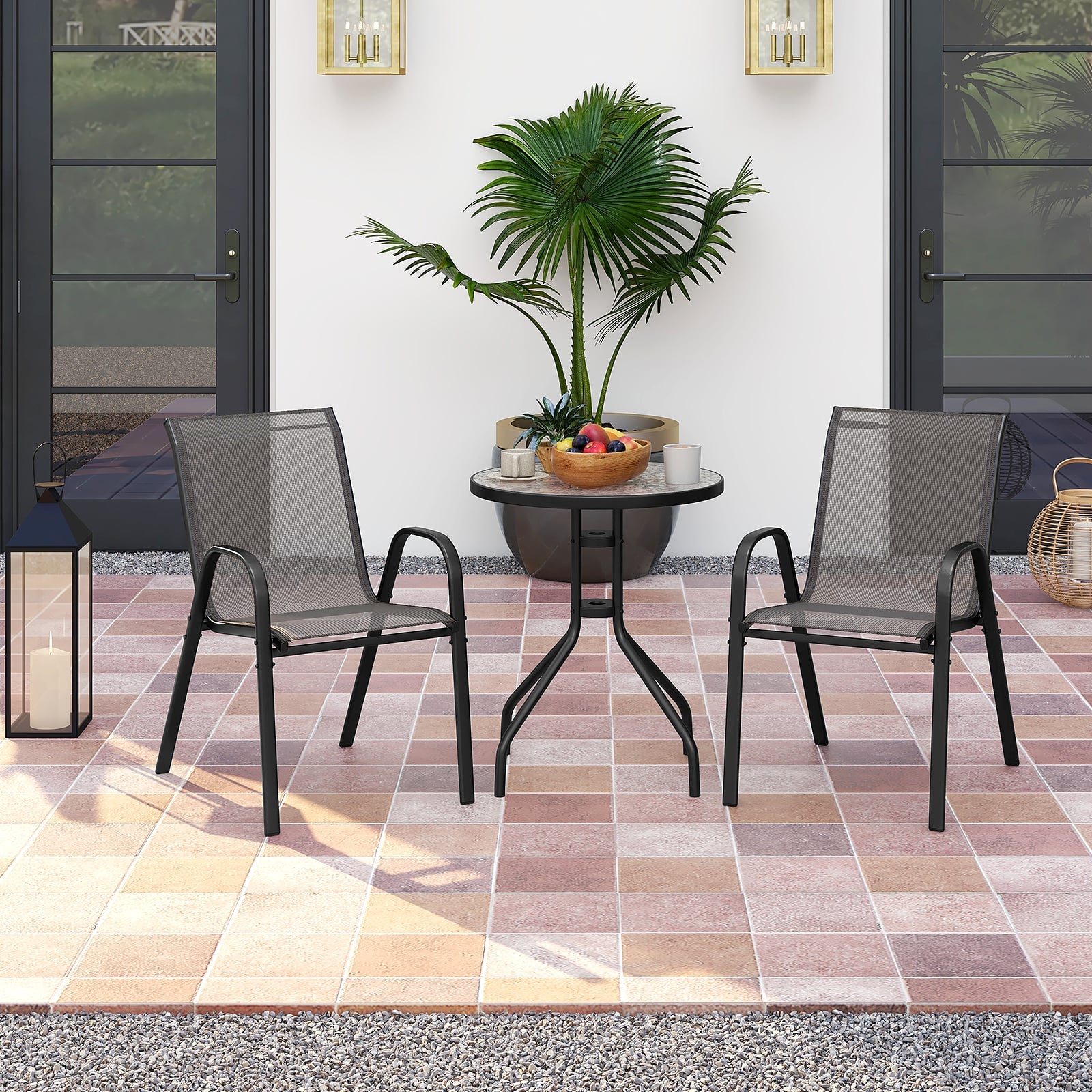 3 Pieces Outdoor Bistro Set with 2 Stackable Chairs and Round Side Table-Grey