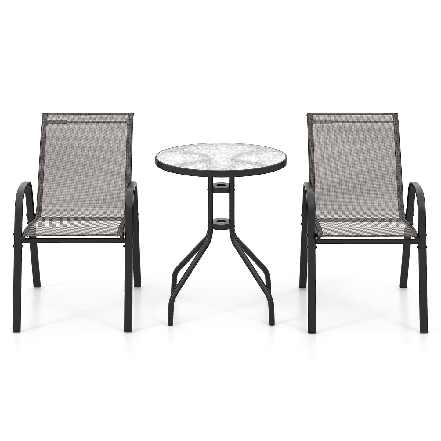 3 Pieces Outdoor Bistro Set with 2 Stackable Chairs and Round Side Table-Grey