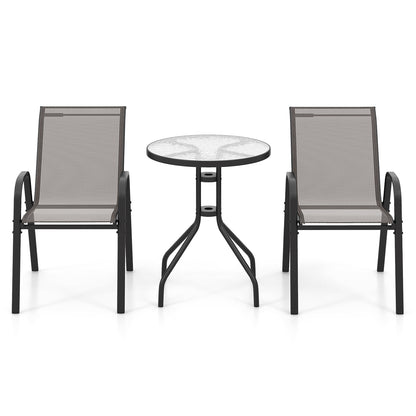 3 Pieces Outdoor Bistro Set with 2 Stackable Chairs and Round Side Table-Grey