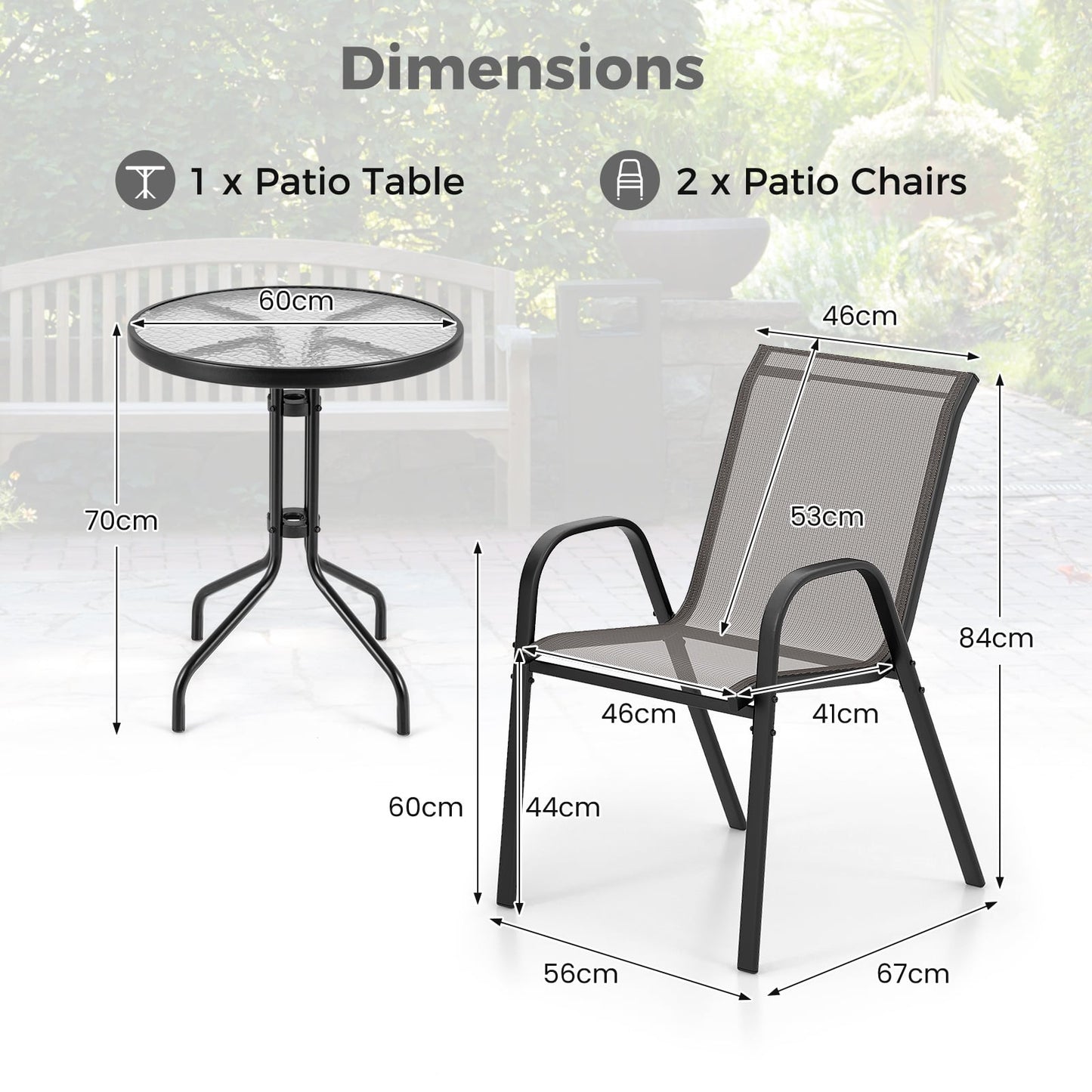3 Pieces Outdoor Bistro Set with 2 Stackable Chairs and Round Side Table-Grey
