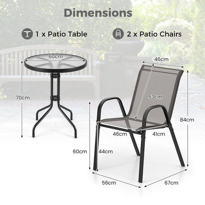 3 Pieces Outdoor Bistro Set with 2 Stackable Chairs and Round Side Table-Grey