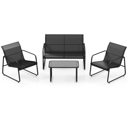 4 Piece Garden Lounge Set with 2 Chairs Tempered Glass Table and Loveseat Breathable Fabric Outdoor Furniture Black Metal Frame