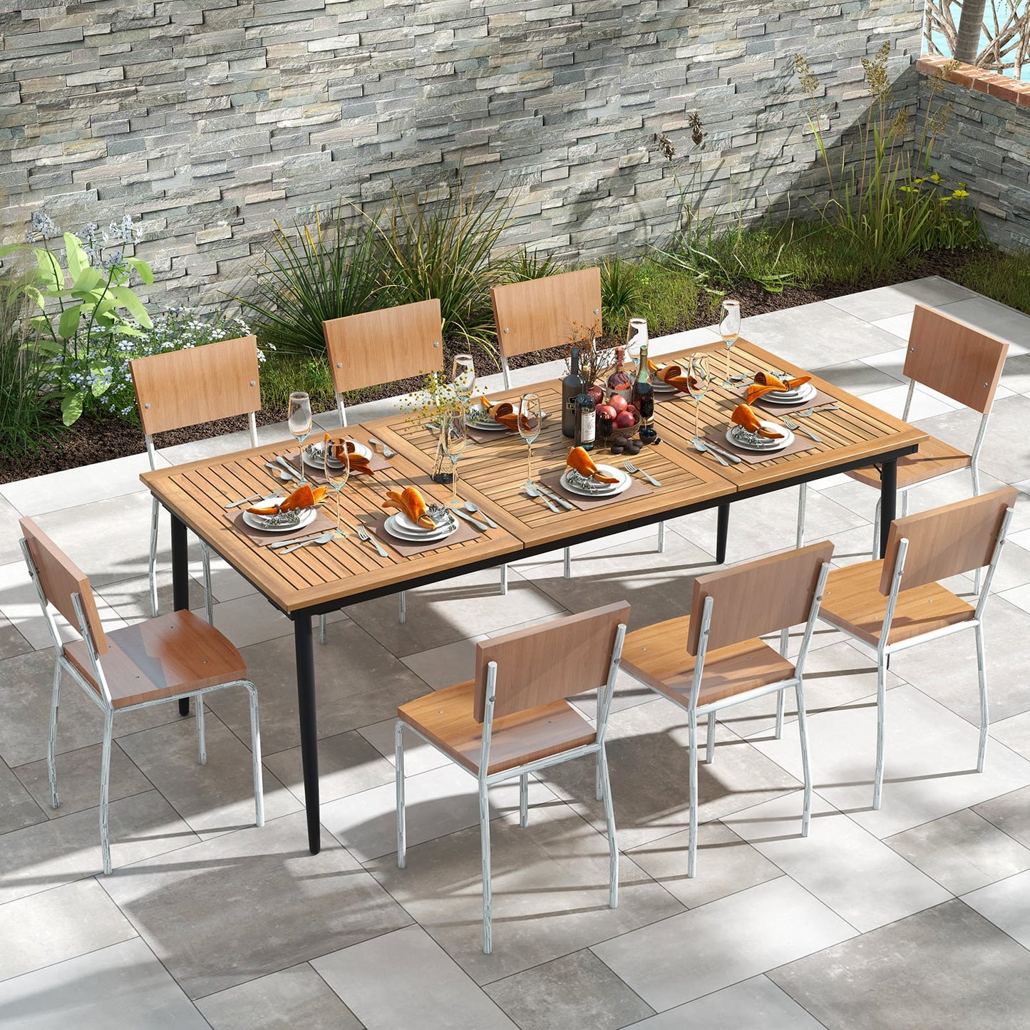 Outdoor Dining Table for 8 with Umbrella Hole, Metal Frame and Adjustable Foot Pads