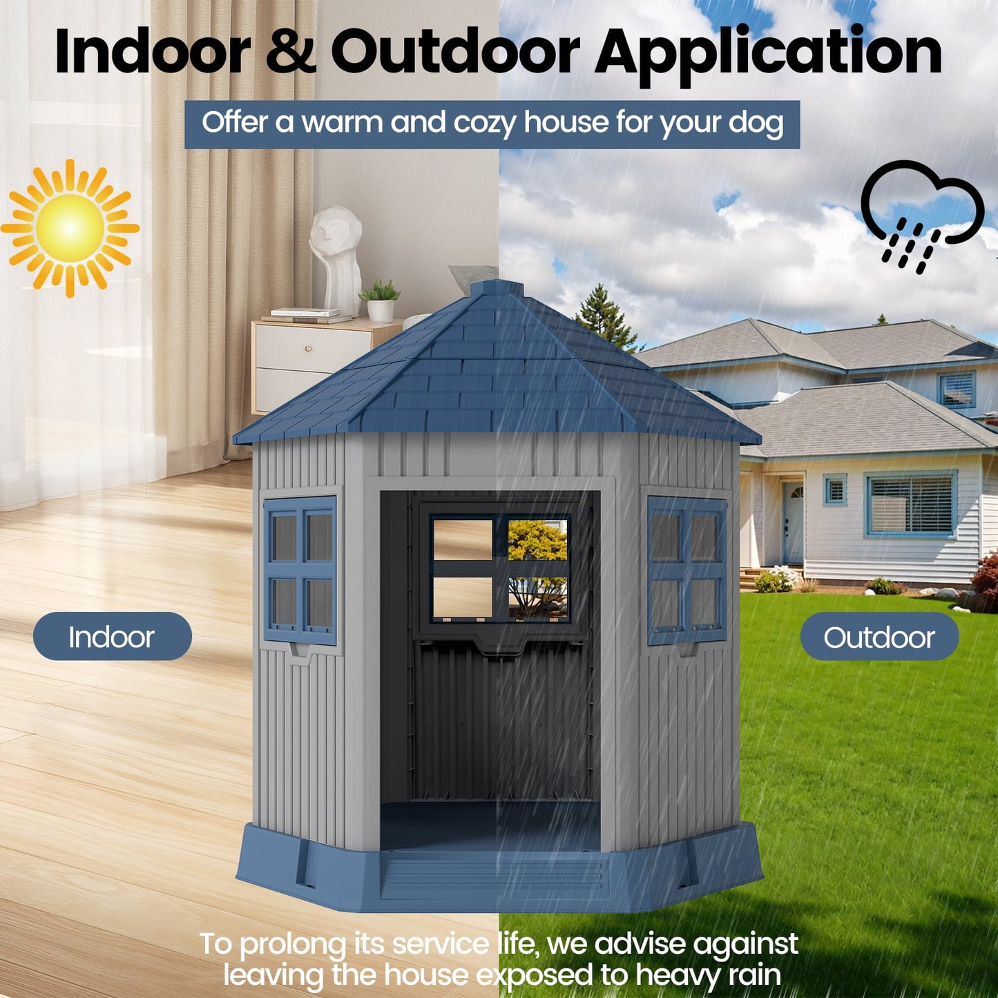 Outdoor Dog House with 2 Windows and Skylight for Small Medium Dogs-Blue