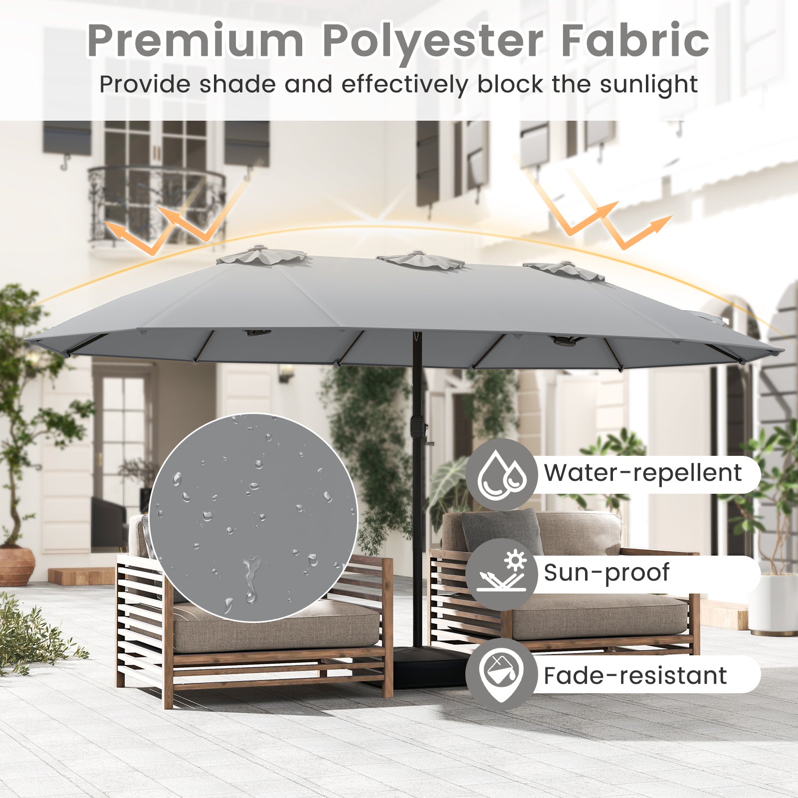 Double Sided Patio Umbrella Outdoor Large Market Umbrella with Base-Grey