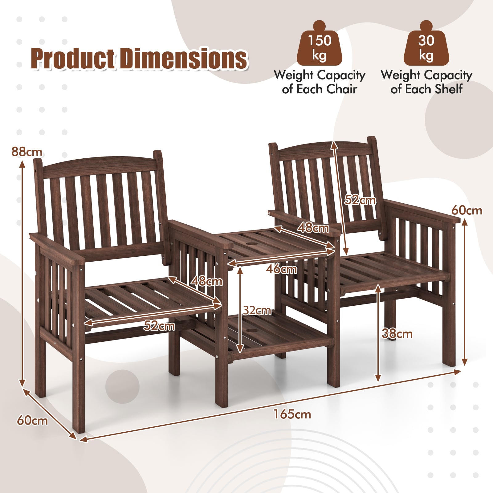 Outdoor Fir Wood Loveseat with 2-Tier Side Table and Umbrella Hole-Brown