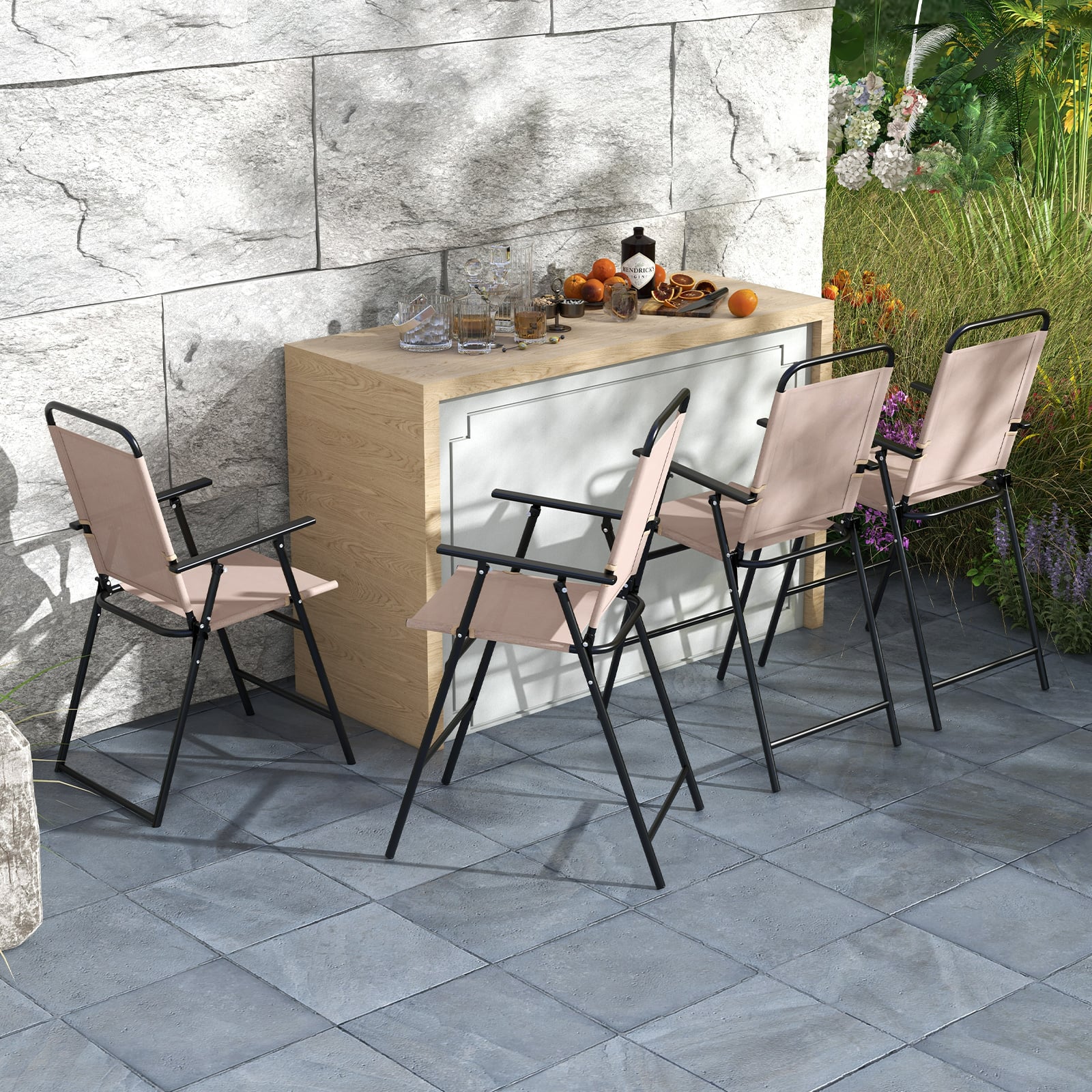 Outdoor Folding Bar Chair Set of 2 with Backrest Armrests Footrest-Beige