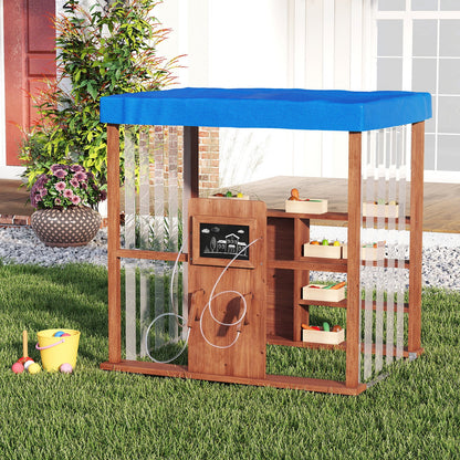 Wooden Outdoor Gas Station Playset with Canopy and 2 Simulation Refueling Guns-Natural