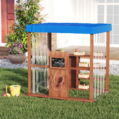 Wooden Outdoor Gas Station Playset with Canopy and 2 Simulation Refueling Guns-Natural