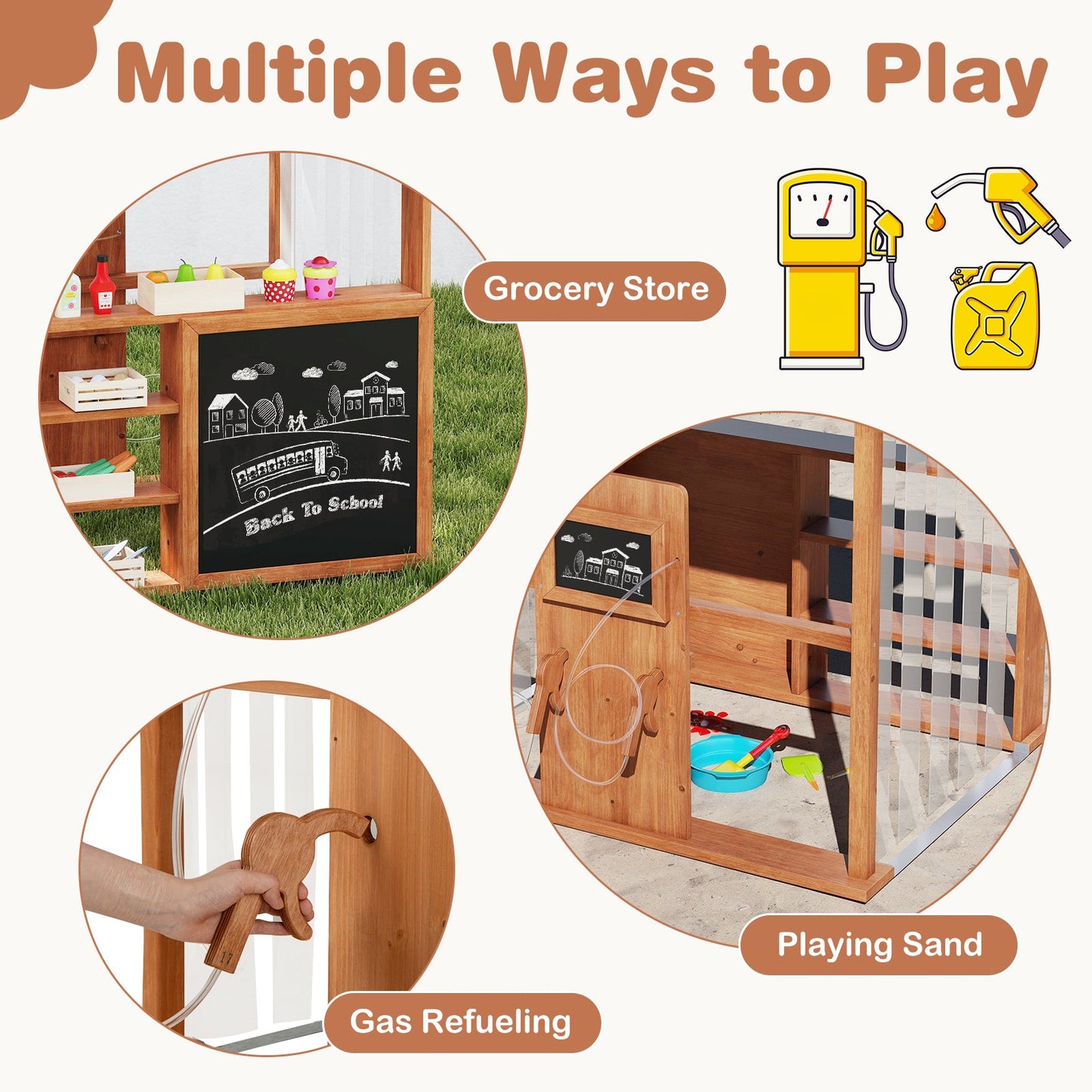 Wooden Outdoor Gas Station Playset with Canopy and 2 Simulation Refueling Guns-Natural