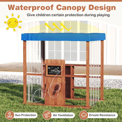 Wooden Outdoor Gas Station Playset with Canopy and 2 Simulation Refueling Guns-Natural