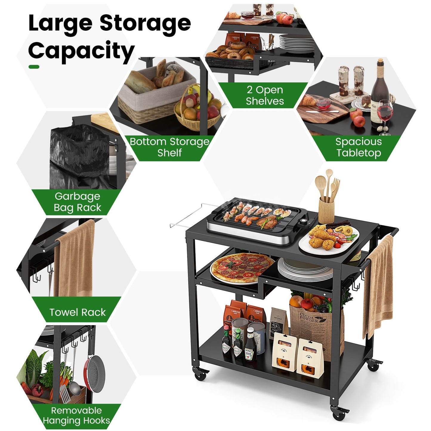 3-Shelf Movable BBQ Cart with 4 Lockable Wheels, Hooks and Side Handle-Black