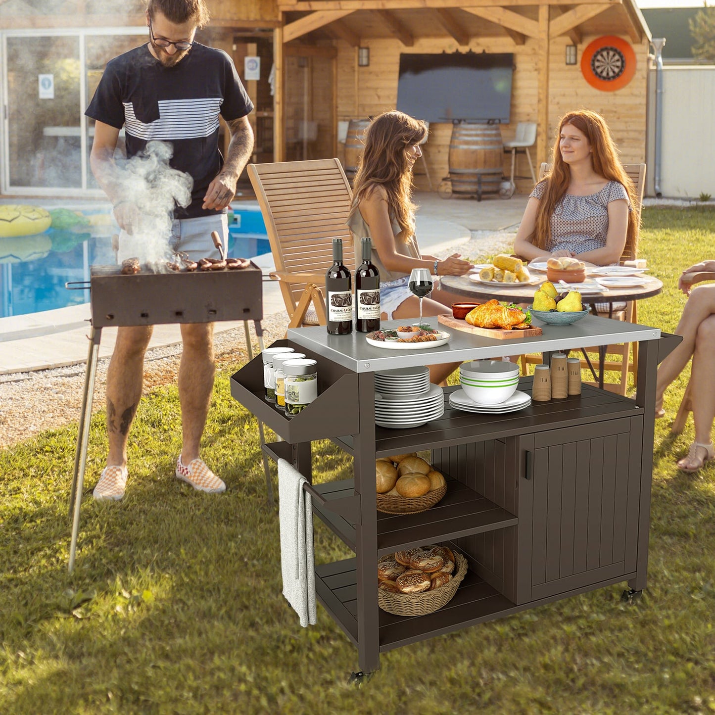 Outdoor Grill Cart with Storage Cabinet-Brown