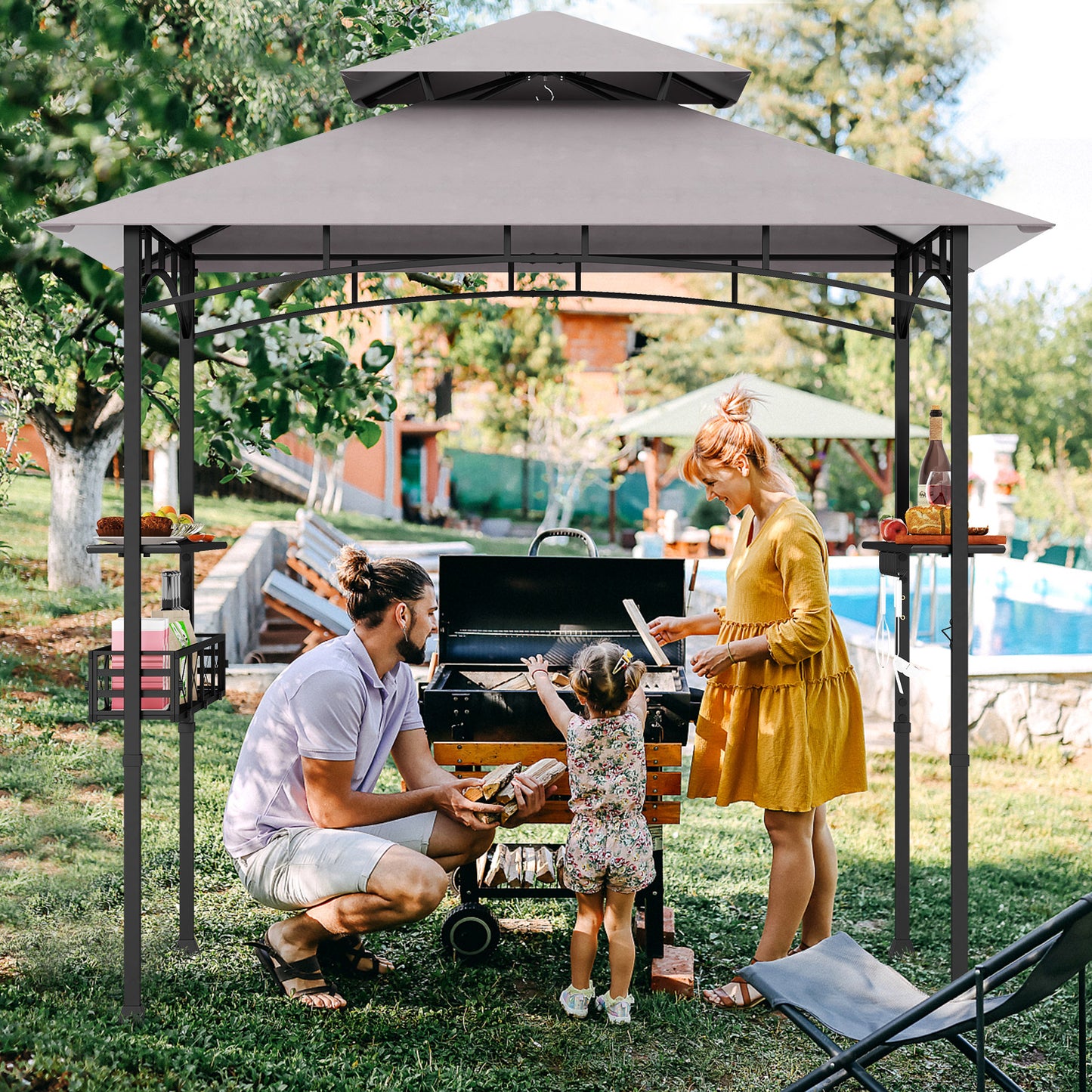 Outdoor Grill Gazebo Double Tiered BBQ Canopy Tent with 2 Side Shelves-Grey