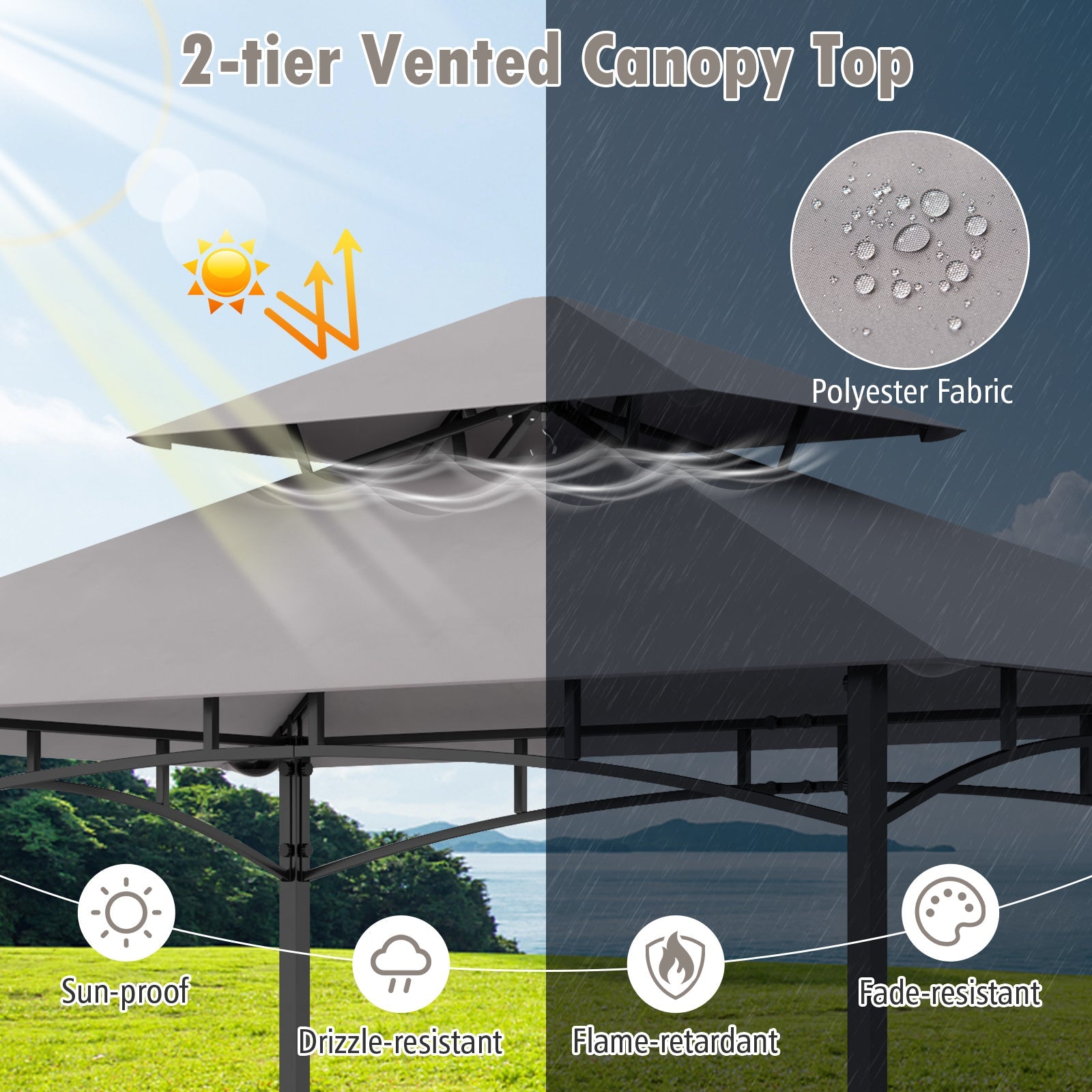 Outdoor Grill Gazebo Double Tiered BBQ Canopy Tent with 2 Side Shelves-Grey