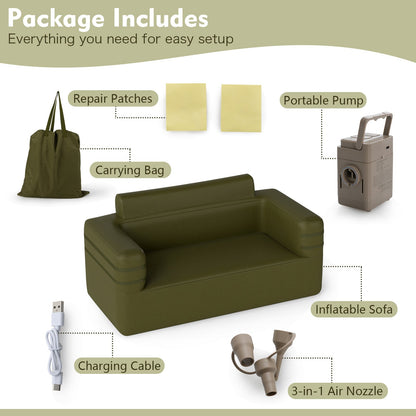 Outdoor Inflatable Couch Blow Up Air Sofa Chair with Carry Bag for Camping-Green