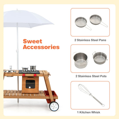 Wooden Kids Play Trolley with Umbrella and Storage Cabinet-White