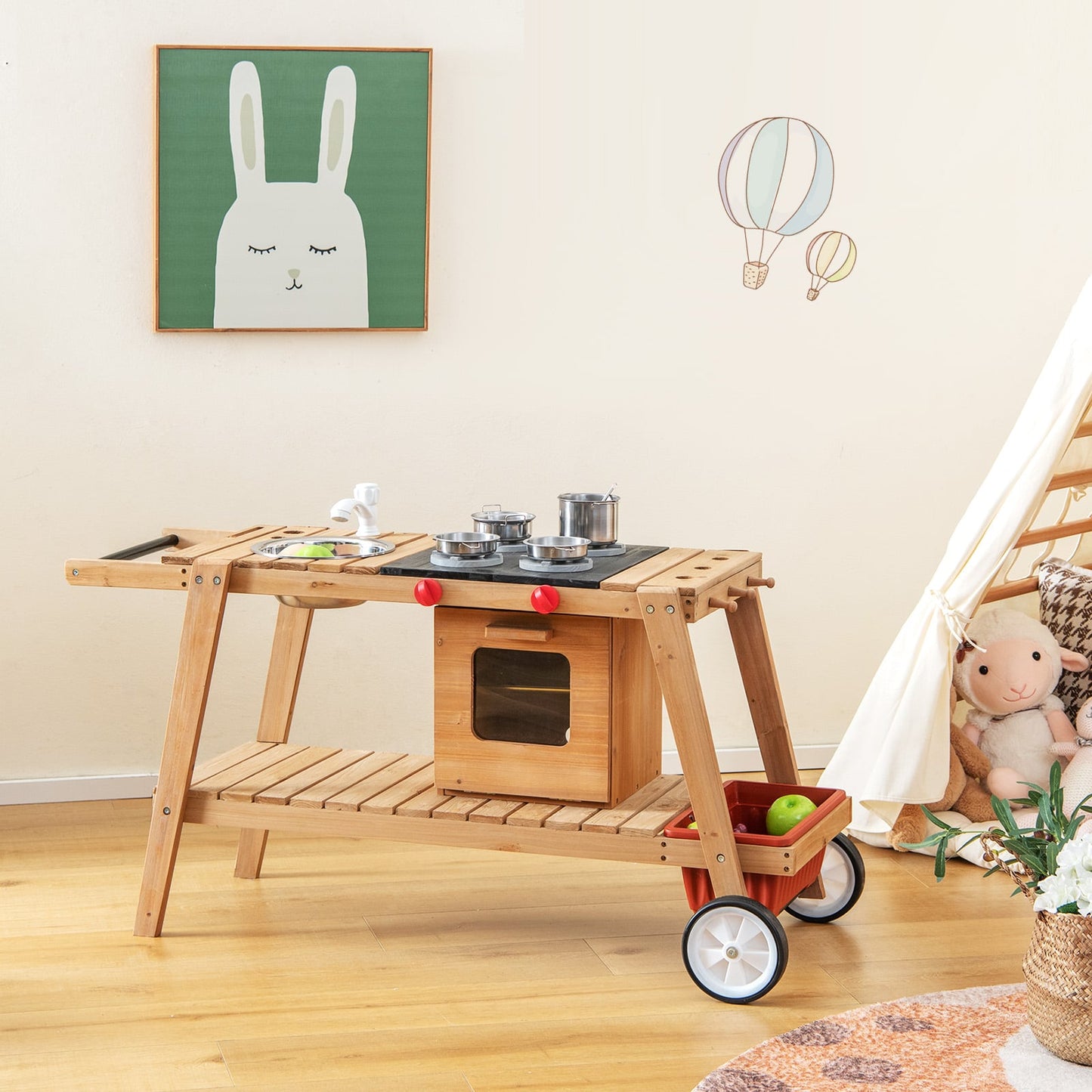 Wooden Kids Play Trolley with Umbrella and Storage Cabinet-White