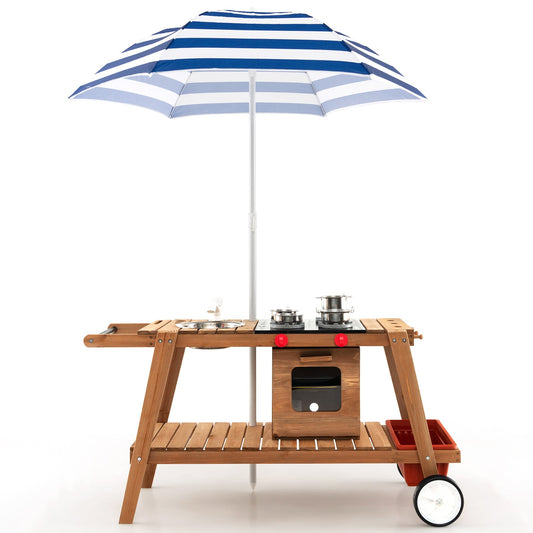 Wooden Kids Play Trolley with Umbrella and Storage Cabinet-Blue